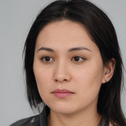 Neutral asian young-adult female with long  black hair and brown eyes