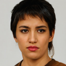 Neutral white young-adult female with short  brown hair and brown eyes