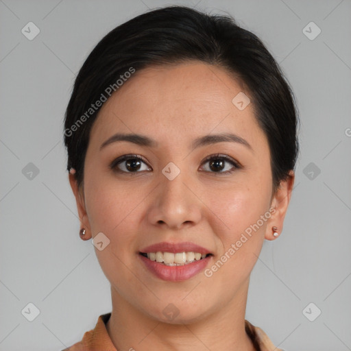 Joyful asian young-adult female with short  brown hair and brown eyes