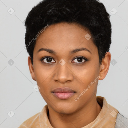 Neutral latino young-adult female with short  black hair and brown eyes