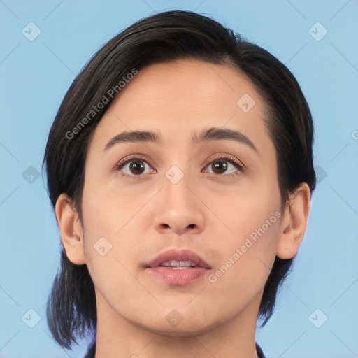 Neutral asian young-adult female with medium  brown hair and brown eyes