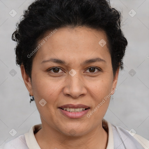 Joyful white adult female with short  brown hair and brown eyes