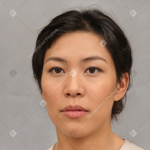 Neutral asian young-adult female with medium  brown hair and brown eyes