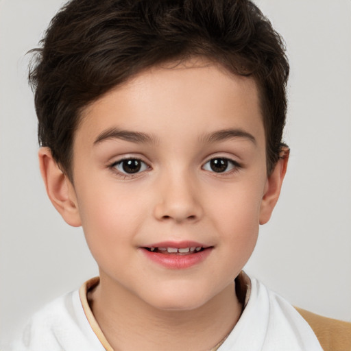 Joyful white child female with short  brown hair and brown eyes