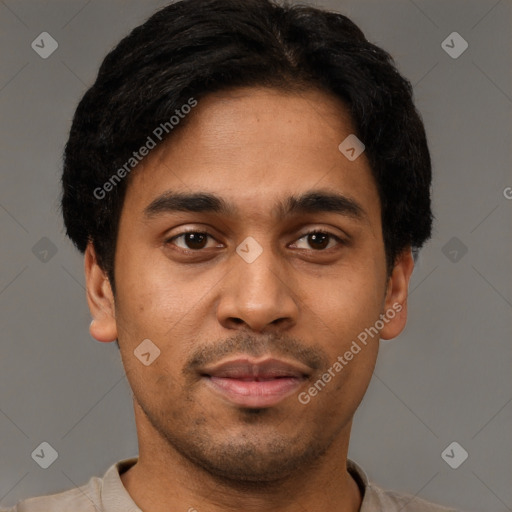 Neutral latino young-adult male with short  black hair and brown eyes