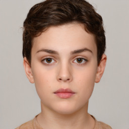 Neutral white young-adult female with short  brown hair and brown eyes