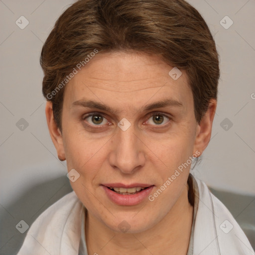 Joyful white adult female with short  brown hair and brown eyes