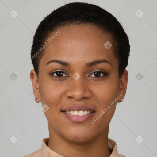 Joyful latino young-adult female with short  brown hair and brown eyes