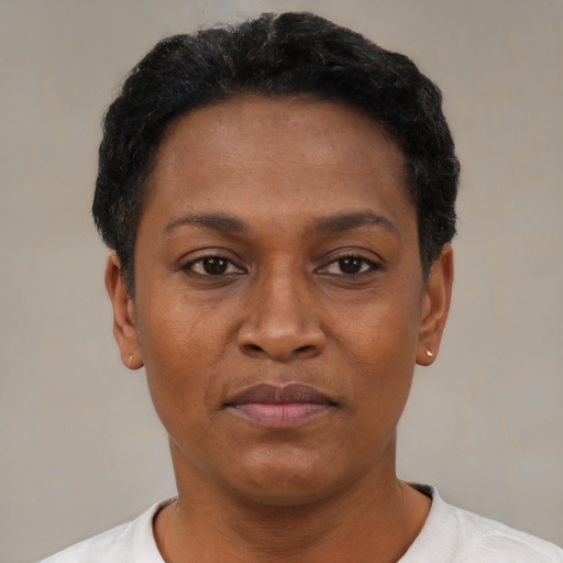 Joyful black young-adult female with short  black hair and brown eyes