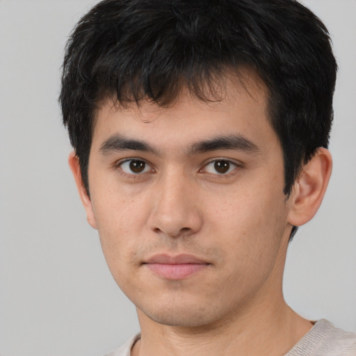 Neutral asian young-adult male with short  brown hair and brown eyes