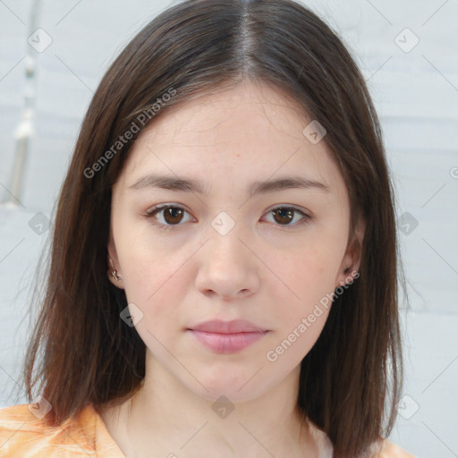 Neutral white young-adult female with medium  brown hair and brown eyes