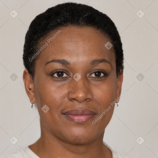 Joyful black adult female with short  brown hair and brown eyes