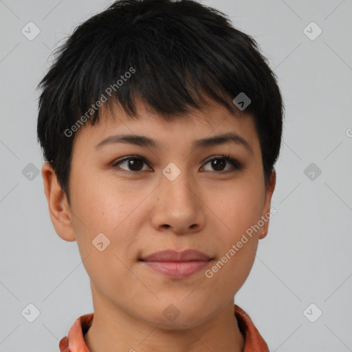 Neutral asian young-adult female with short  brown hair and brown eyes