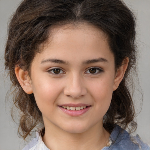 Joyful white child female with medium  brown hair and brown eyes