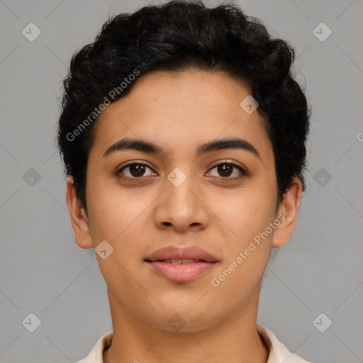 Joyful latino young-adult female with short  brown hair and brown eyes