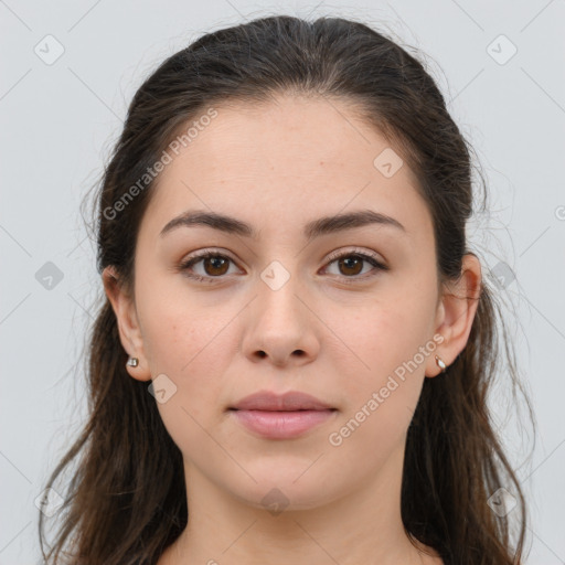 Neutral white young-adult female with long  brown hair and brown eyes