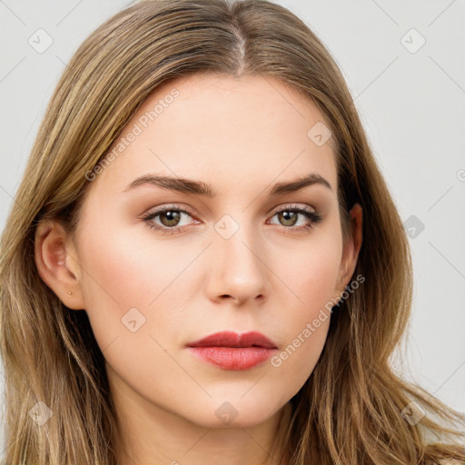 Neutral white young-adult female with long  brown hair and brown eyes