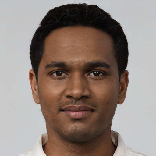 Neutral black young-adult male with short  black hair and brown eyes