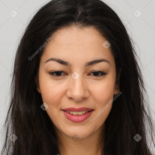 Joyful asian young-adult female with long  brown hair and brown eyes