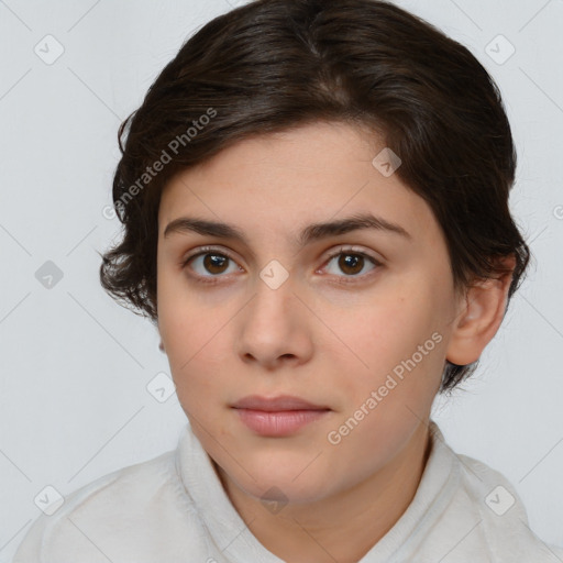 Neutral white young-adult female with medium  brown hair and brown eyes