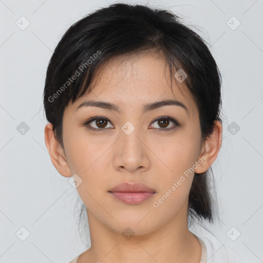 Neutral asian young-adult female with medium  black hair and brown eyes