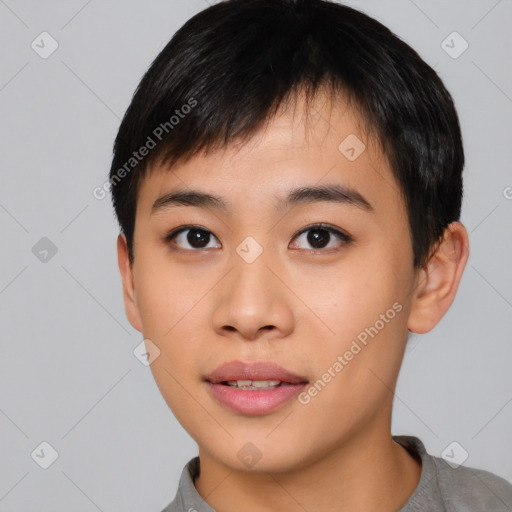 Neutral asian young-adult male with short  black hair and brown eyes