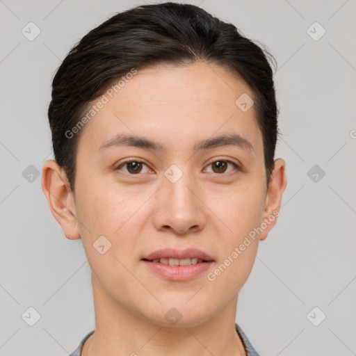 Joyful white young-adult female with short  brown hair and brown eyes