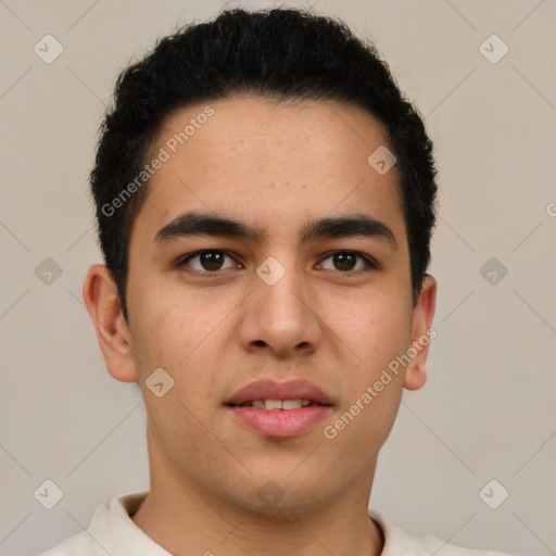 Neutral latino young-adult male with short  brown hair and brown eyes