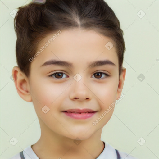 Joyful white child female with short  brown hair and brown eyes