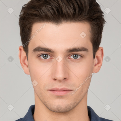 Neutral white young-adult male with short  brown hair and brown eyes