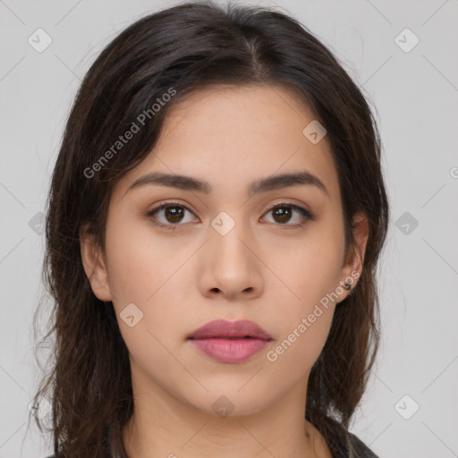 Neutral asian young-adult female with long  brown hair and brown eyes