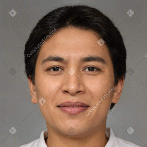 Joyful white adult male with short  brown hair and brown eyes