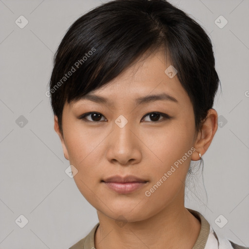 Neutral asian young-adult female with short  black hair and brown eyes