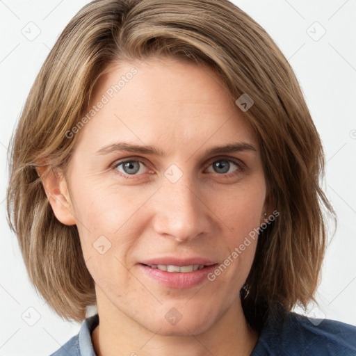 Joyful white young-adult female with medium  brown hair and blue eyes