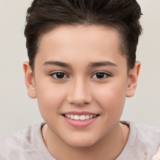 Joyful white child female with short  brown hair and brown eyes