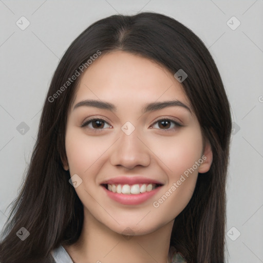 Joyful white young-adult female with long  brown hair and brown eyes