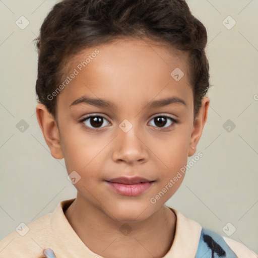 Joyful white child female with short  brown hair and brown eyes