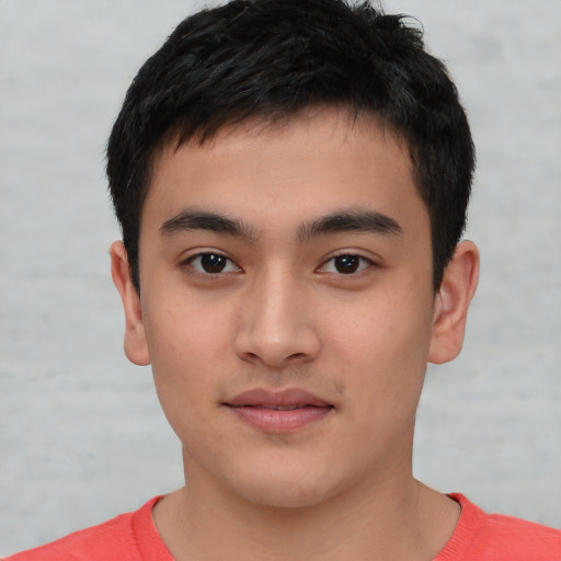 Neutral asian young-adult male with short  brown hair and brown eyes
