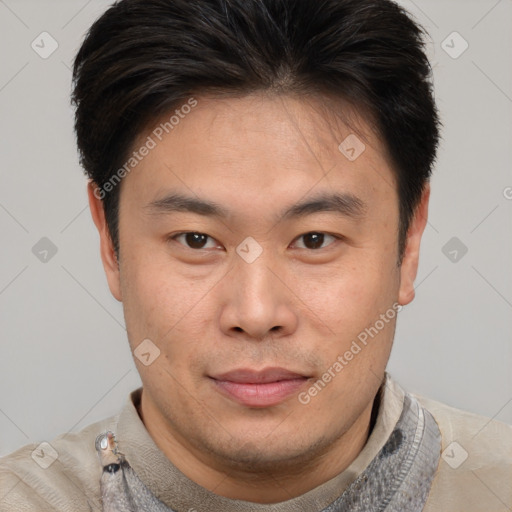 Neutral asian young-adult male with short  brown hair and brown eyes