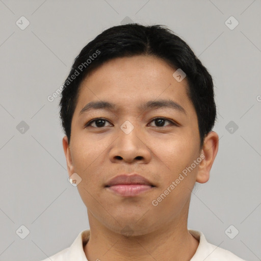 Neutral asian young-adult male with short  black hair and brown eyes