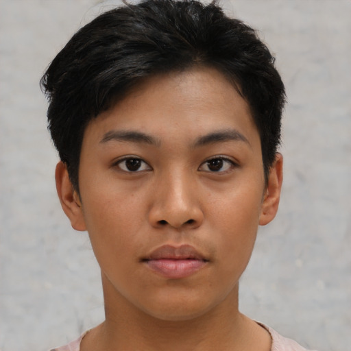 Neutral asian young-adult female with short  brown hair and brown eyes