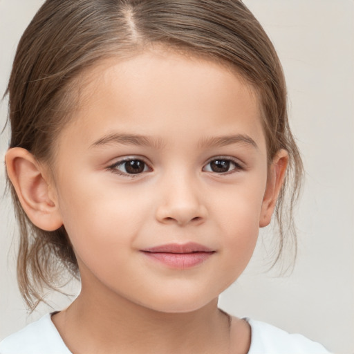 Joyful white child female with medium  brown hair and brown eyes