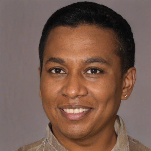 Joyful black young-adult male with short  brown hair and brown eyes
