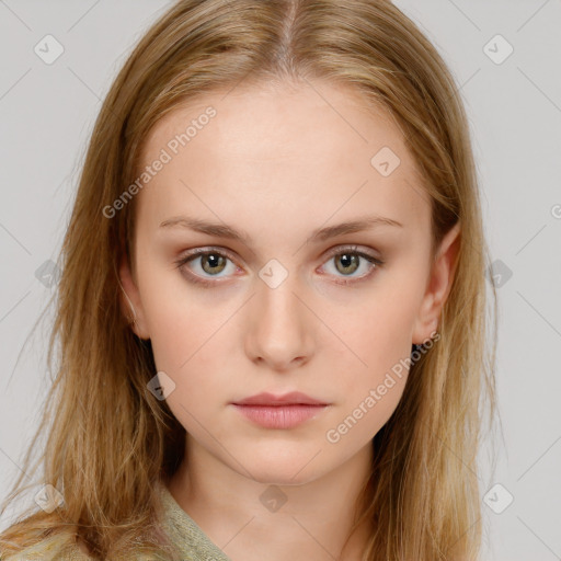 Neutral white young-adult female with long  brown hair and brown eyes