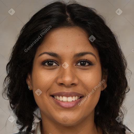 Joyful latino young-adult female with long  brown hair and brown eyes