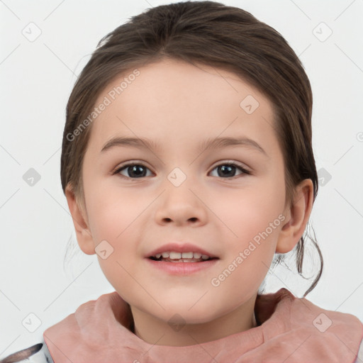 Joyful white child female with medium  brown hair and brown eyes