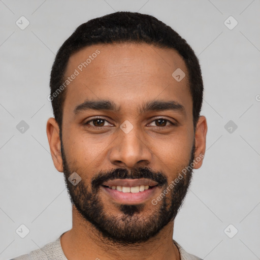 Joyful latino young-adult male with short  black hair and brown eyes