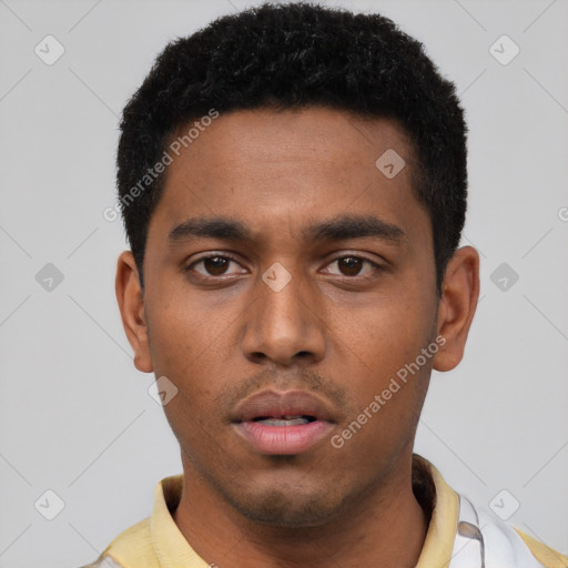 Neutral black young-adult male with short  black hair and brown eyes