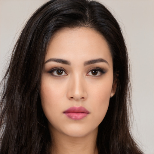 Neutral asian young-adult female with long  brown hair and brown eyes