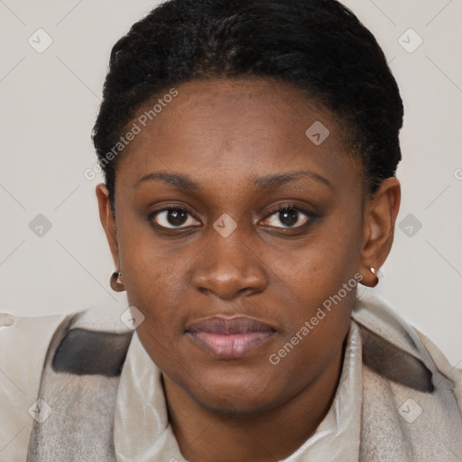 Neutral black young-adult female with short  brown hair and brown eyes